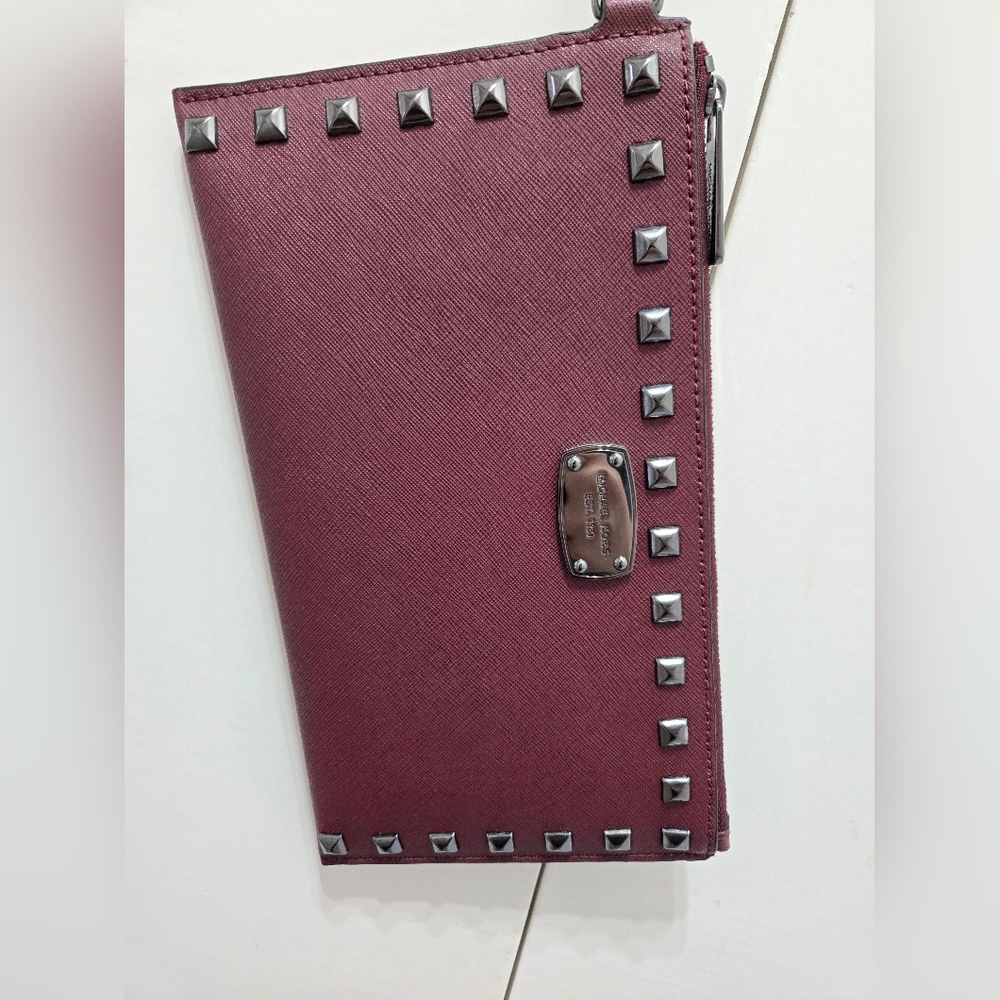 Michael Kors Merlot Leather Wristlet with Silver Studs